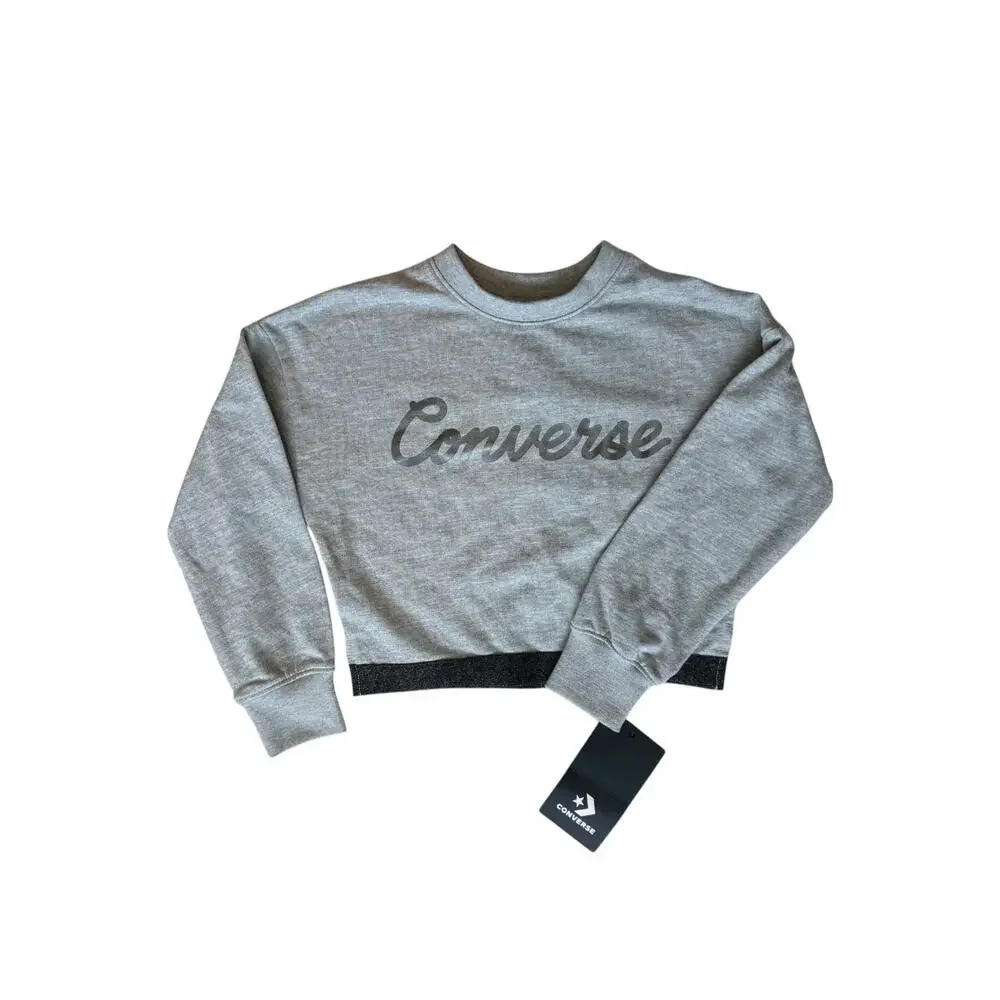 Converse Girls Size 4 Cropped Crewneck Sweatshirt Gray Metallic Silver Logo NWT
